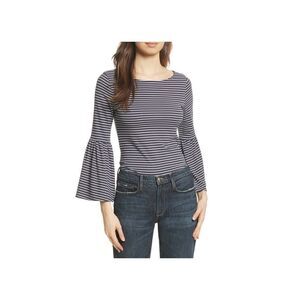 FRAME Boat-neck Bell-sleeve Striped Top In Dark Navy Multi Size Large